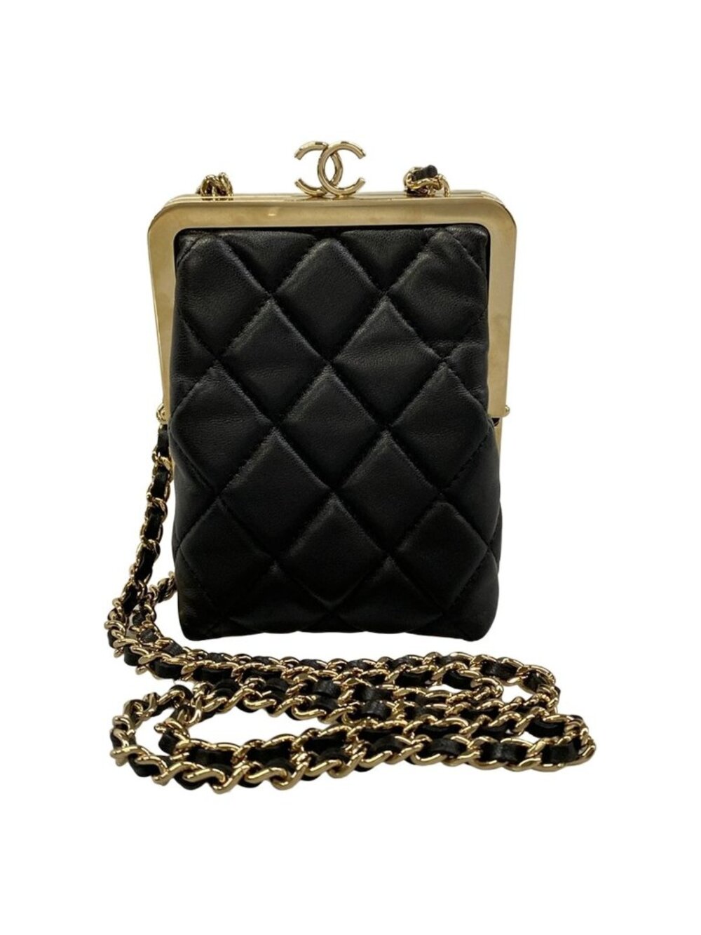 Chanel Shoulder Bag Chain Clutch Quilted Black Gold Kiss Lock Lambskin